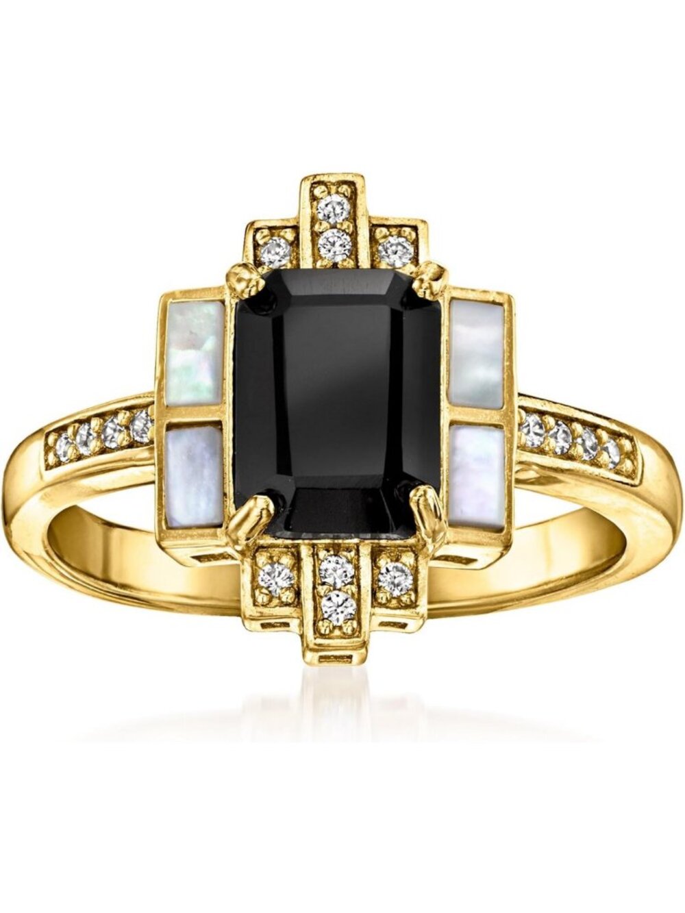 Stunning Onyx & Mother-Of-Pearl Ring with White Topaz in 18kt Gold Over Sterling